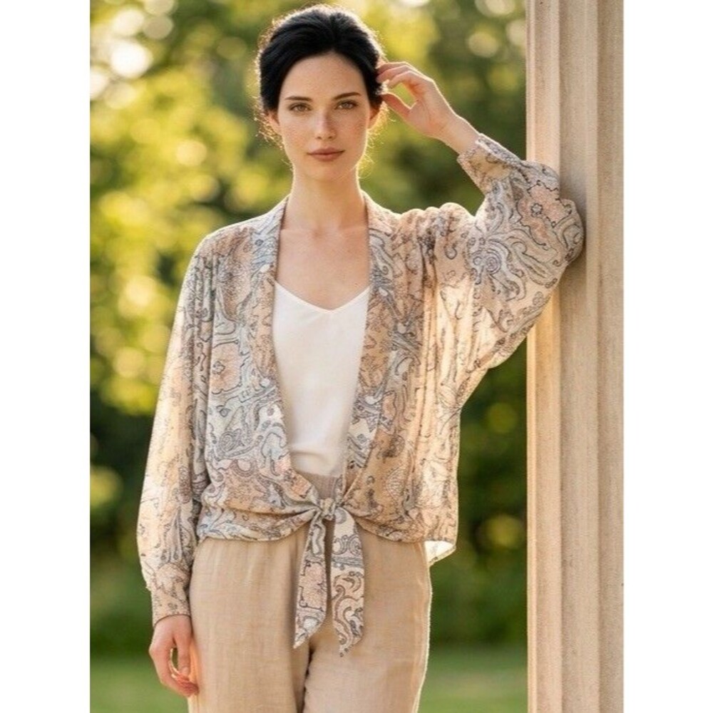 L Love Beige Blue Green Paisley Woven V-Neck Long Sleeve Tie Blouse S/M LV22771
